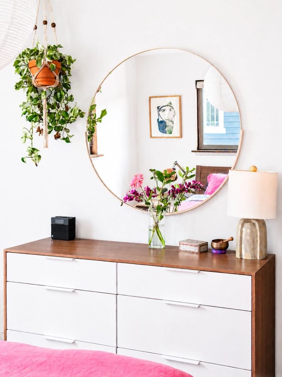 Modern bedroom with plants and decor in a Seattle area home cleaned by the Dazzle Cleaning Company.